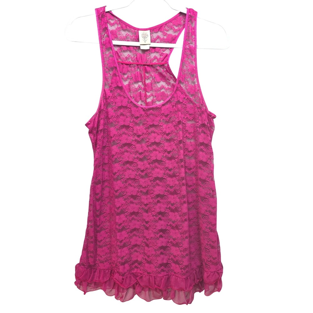 In Bloom by Jonquil Lace Camisole L Sheer Ruffle Lingerie Y2K Coquette Hot Pink